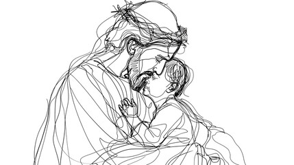 Continuous Line Sketch of Jesus Wrapping a Young Girl in a Traditional Robe on Transparent Background