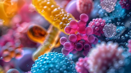Poster - A close-up, colorful image showcasing various microorganisms thriving in a microscopic environment, capturing their intricate details and vibrant hues.