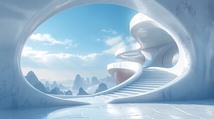 Fototapete - A futuristic 3D render showcasing a surreal and minimalistic architectural scene with abstract geometric forms and structures.