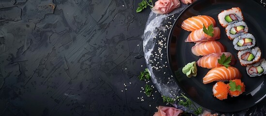 Wall Mural - Delicious Japanese cuisine including sushi and rolls on a clean plate with copy space image