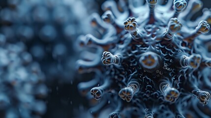 Poster - A microscopic image depicting a virus infecting a host cell, highlighting its intricate structure and the process of cellular invasion.