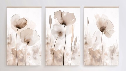 Poster - A set of three abstract art posters with minimalistic flower watercolor designs, positioned side by side on a white wall. Each poster features abstract floral forms in neutral colors with subtle