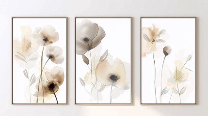 Poster - Three contemporary abstract art posters with minimalistic watercolor flower designs, arranged horizontally on a white wall. The designs feature airy floral patterns with soft watercolor washes in a