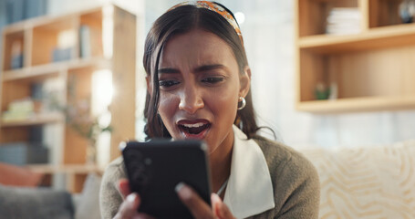 Aufkleber - Woman, face and shock in home with phone for fake news, online scam and rejection notification from university. Frustrated girl, wtf and fear for mobile hacking, phishing email and breakup message