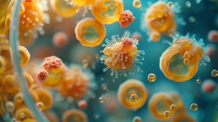 Poster - A close-up view of various microorganisms in a liquid medium, showcasing their intricate structures and vibrant colors.