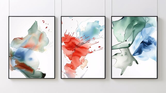 Three sleek abstract art posters in a minimalistic style, displayed together on a white wall. The designs include dynamic watercolor splashes in contrasting colors like red, blue, and green,