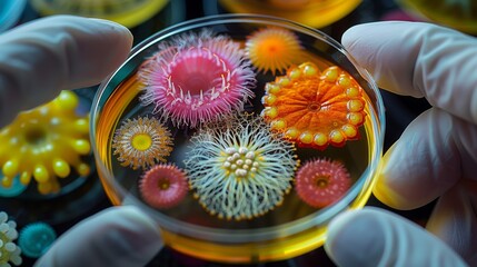 Poster - A close-up view of various microorganisms thriving in a petri dish under a microscope.