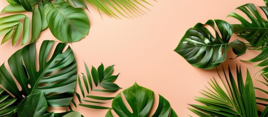 Poster - Tropical leaves in green on soft pastel backdrop illustrating a summer theme Top down view in a flat lay style with room for text or images. Copy space image. Place for adding text and design