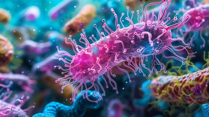 Poster - A close-up microscopic view of a single bacterium with numerous appendages.