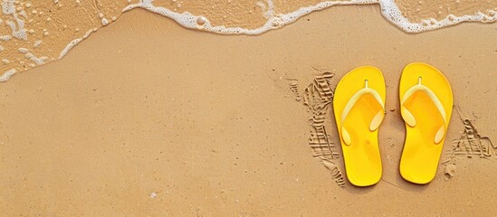 Sticker - A pair of bright yellow flip flops resting on the sandy beach with copy space image available