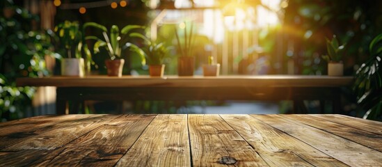 Poster - Wooden table in a bar or cafe with a menu frame for text marketing promotions and a blank space for a customizable image. Copy space image. Place for adding text and design