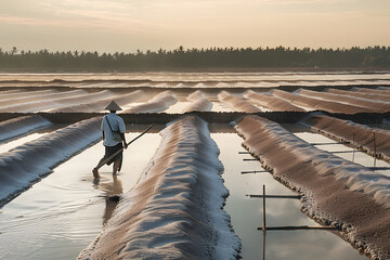 A morning of a worker at salt field.