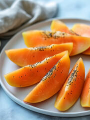 Wall Mural - Ripe papaya slices arranged on a white plate.