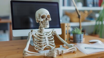 A skeleton is sitting at a desk with a computer keyboard and mouse