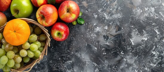 Canvas Print - Organic fruits displayed on a stone table with a basket of ripe apples Top view with copy space image