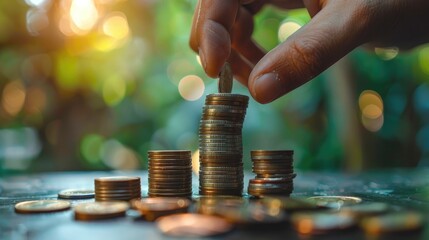 Poster - Close-up of hand stacking coins, representing financial growth