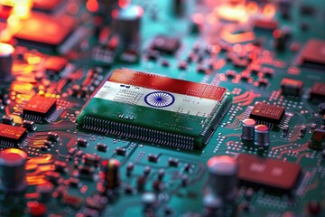 Poster - Close-up of Indian flag on a microchip symbolizing technological growth