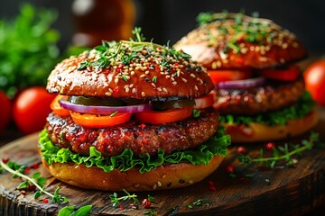 Wall Mural - Burgers with tomatoes and onions on wooden board.