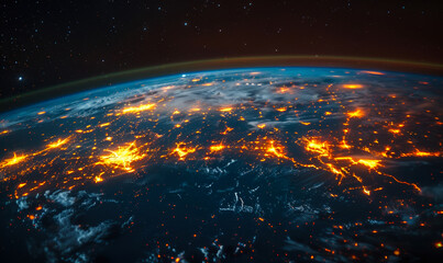 Poster - Glowing Earth at Night with Yellow Network Connecting Cities, Futuristic Digital Communication Concept, Global Connectivity, Night View from Space, Illuminated Urban Centers