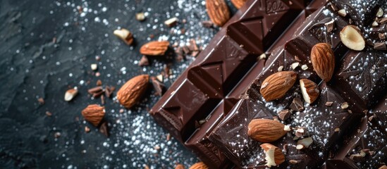 Sticker - A chocolate bar topped with almond shards and powdered sugar displayed in a copy space image