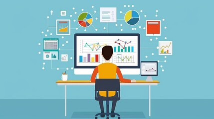 Poster - Data Analysis and Business Analytics - A person sitting at a desk in front of a computer analyzing data. The screen displays charts and graphs, showcasing data analytics and business insights.