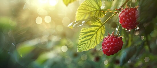 Poster - A single ripe raspberry dangles from a bush branch in a copy space image of a summer setting