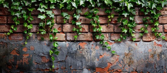 Wall Mural - Ivy climbing on a brick wall creating a charming composition with copy space image