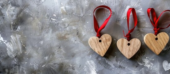 Sticker - Wooden hearts and love symbols adorned with a red ribbon against a gray marble backdrop ideal for a copy space image