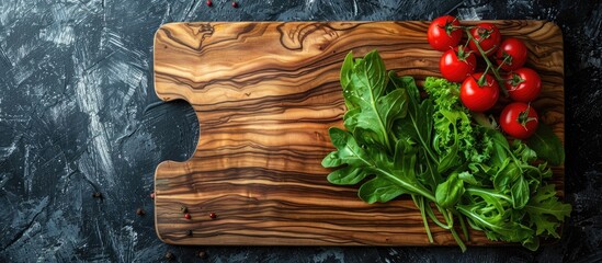 Sticker - Top view of an olive wood cutting board mockup featuring fresh green vegetables greens and cherry tomatoes ideal for salad presentation showcasing a spacious copy space image