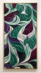 Aufkleber - An abstract foliage canvas in a vertical frame, set against a white wall. The artwork features dynamic, swirling leaf forms in bold colors like emerald green and deep purple, creating a vibrant,