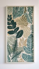 Fototapete - A vertical picture frame mounted on a white wall, containing a sophisticated abstract foliage artwork. The design incorporates a variety of leaf shapes with intricate patterns in muted tones of green