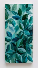 Poster - An artistic vertical canvas mounted on a white wall, depicting abstract foliage with a watercolor effect. The leaves are painted in shades of green and turquoise, blending seamlessly with each other