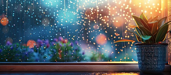 Canvas Print - Rain on the window creating a cozy atmosphere with a relaxing vibe ideal for a copy space image