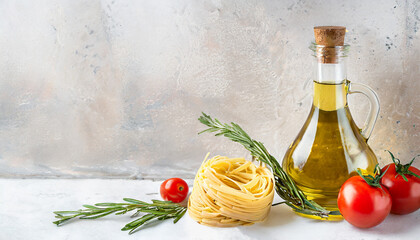 Wall Mural - Italian cooking essentials. Olive oil, pasta, cherry tomatoes and rosemary. Traditional cuisine