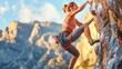 © Surachetsh - A female rock climber shows determination and focus as she navigates a challenging cliff in climbing gear, set against a dramatic mountain landscape.
