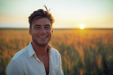 Portrait of handsome young Caucasian man standing in wheat field, sunset in background, copy space