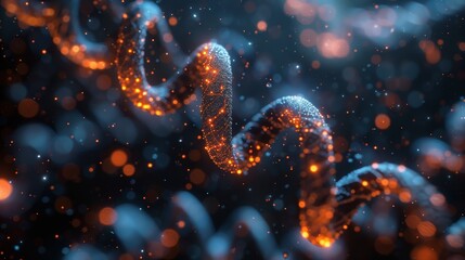 Poster - Digital image of a glowing double helix structure, possibly DNA, in orange-red on dark background with blue and orange bokeh.