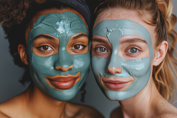 photography, 2 diverse women with beauty face masks on their faces, smiling, happy, natural.