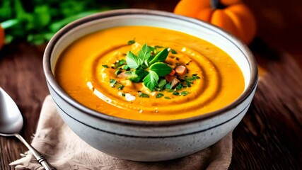 Canvas Print -  Deliciously smooth pumpkin soup with a sprinkle of fresh herbs