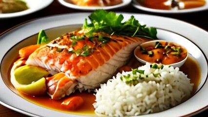 Canvas Print -  Deliciously prepared seafood dish with rice and sauce