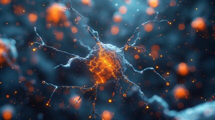 Poster - A 3D rendering of a neuron, showing its intricate structure and glowing nucleus.