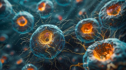 Poster - A close-up view of cells illuminated by advanced imaging techniques, revealing intricate structures and details.