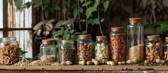 Poster - Jars of cedar sunflower seeds walnuts cashews and peanuts are displayed on a table with plants creating a rustic and earthy ambiance for the copy space image