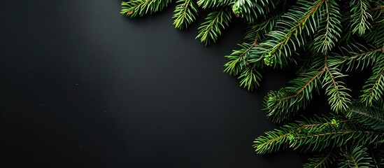 Canvas Print - Black background featuring a natural fir spruce for Christmas and Happy New Year celebrations with copy space image