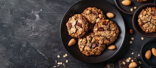 Canvas Print - Scrumptious oatmeal cookies with chocolate and nuts displayed on a black ceramic plate over a dark concrete background creating a beautiful copy space image