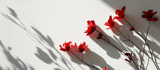 Sticker - Red flowers casting shadows on a white backdrop create a striking copy space image