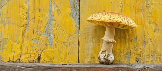 Poster - Yellow old boards with a Ramaria flava mushroom displayed offering copy space image