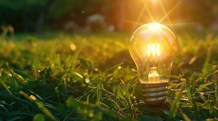 Light bulb glowing on green grass background.