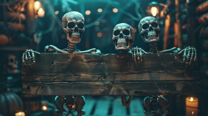 Wall Mural - Three skeletons are standing on a wooden board