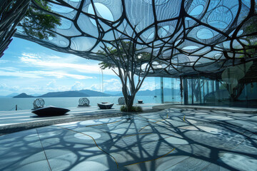 Showroom features intricate web pattern against expansive sky creating striking contrast